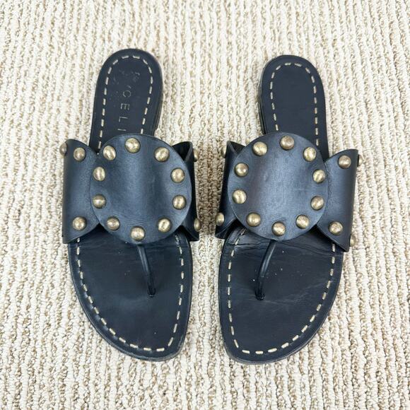 Celine Black Gold Studded Medallion Flat Leather Sandals - Picture 10 of 10